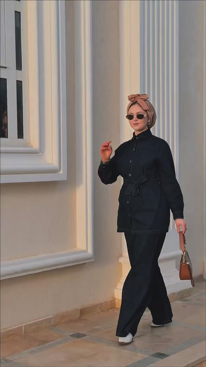 Ensemble Denim Chic et Pratique pour Femme – Veste Ceinturée et Pantalon Large