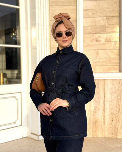 Ensemble Denim Chic et Pratique pour Femme – Veste Ceinturée et Pantalon Large